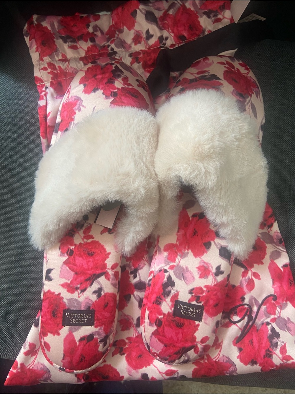 Victoria's Secret Pink Floral Teddy Slipper Coat with Cream Fur Trim